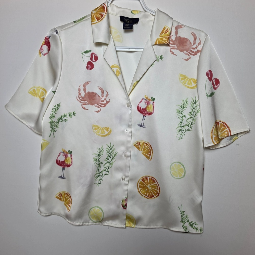 Rachel Rachel Roy Cocktail Crab Lemon Print Satin Button Up Top White Size XS